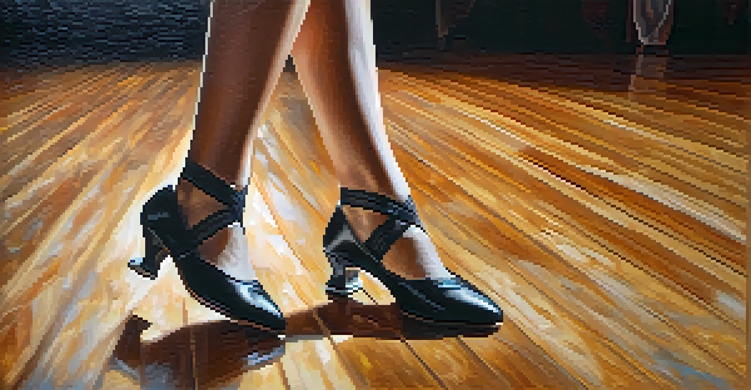 Close-up of a dancer's feet performing intricate footwork on a polished wooden floor.