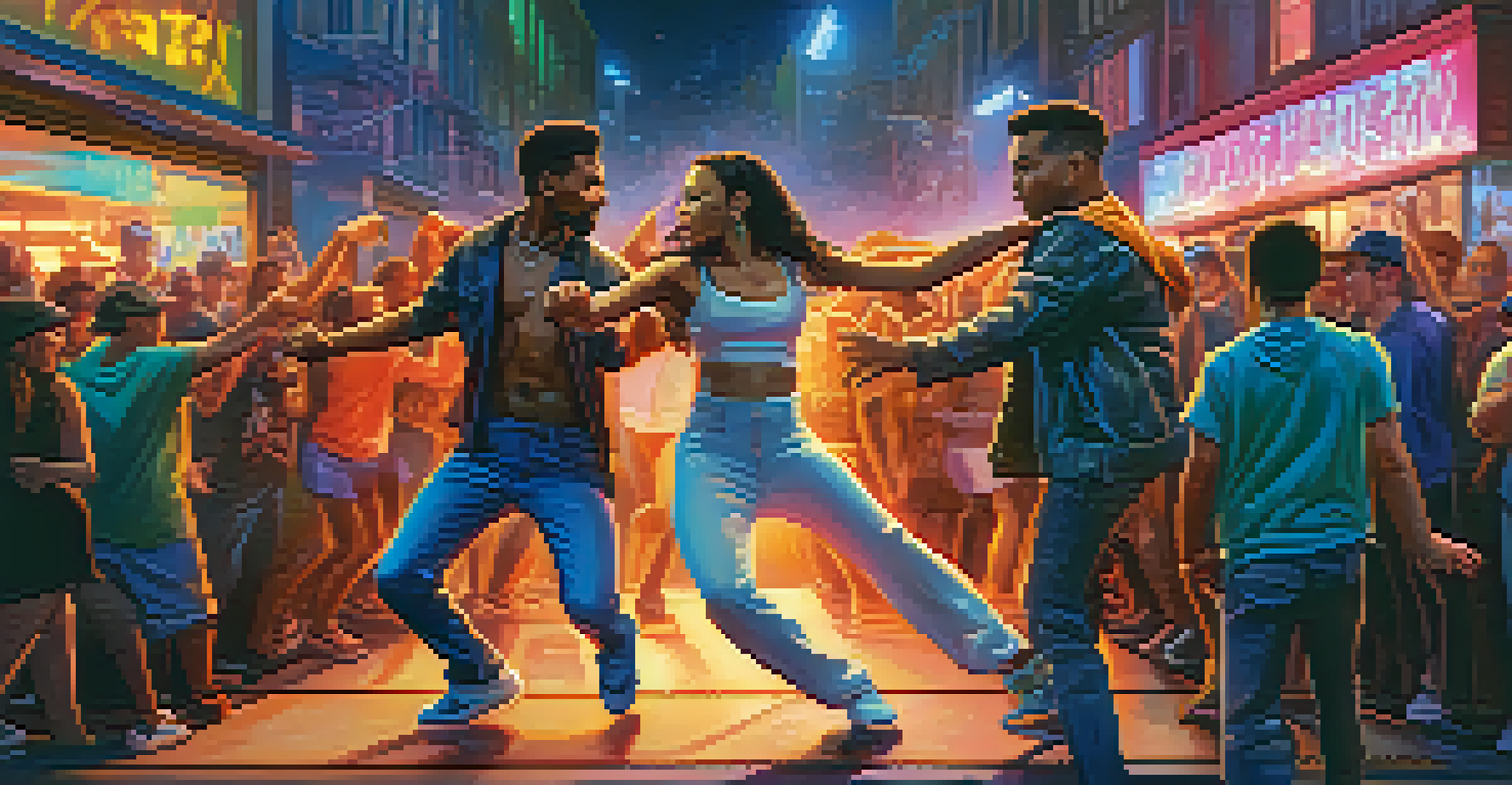 Two characters engaged in a dance-off on urban streets with an audience and colorful graffiti in the background.