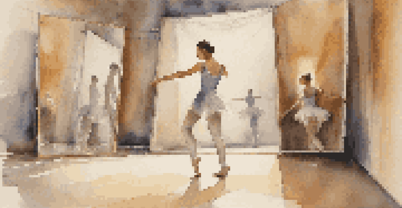 A dancer backstage practicing breathing exercises, surrounded by a warm light and dance costumes, reflecting calm before their performance.