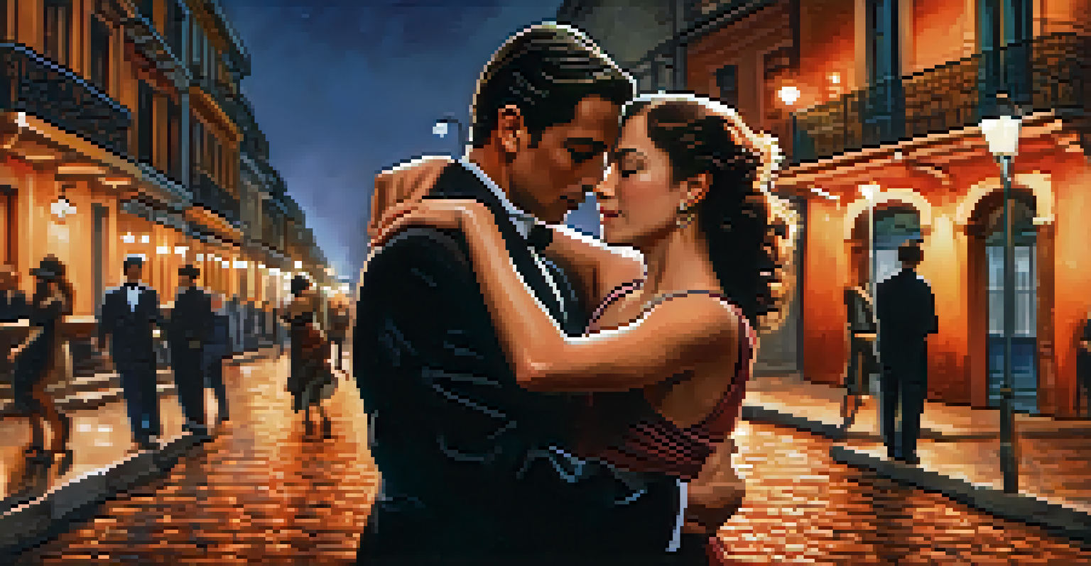 A couple dancing Tango in a romantic Buenos Aires street at night, surrounded by vintage architecture.