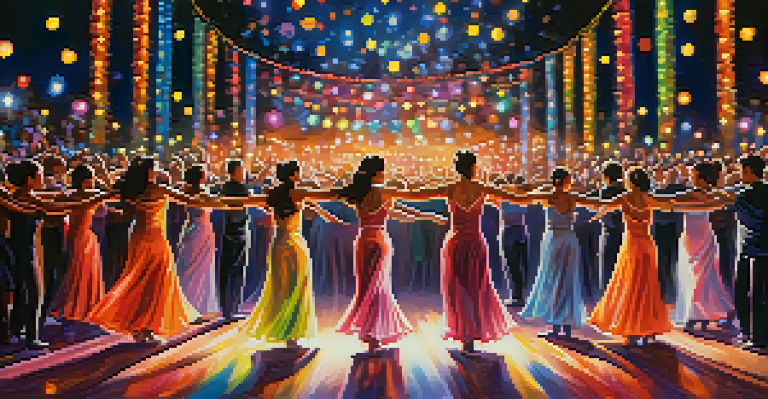 A night dance performance at a festival, featuring dancers under colorful lights with an engaged audience, creating a magical atmosphere.