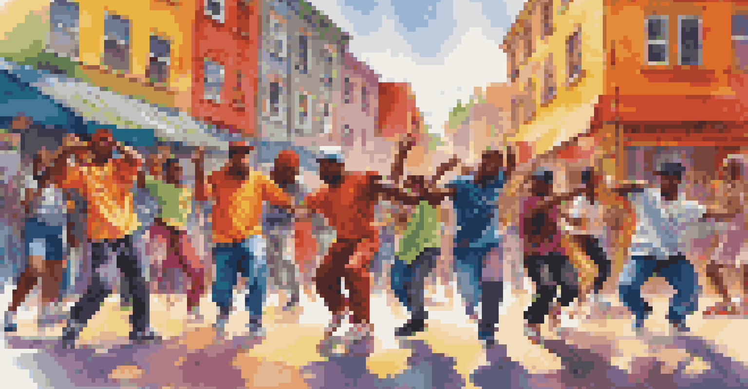 A dynamic hip-hop dance group performing on the streets against colorful murals, highlighting their synchronization and energy.