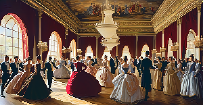 A grand ballroom scene with nobles dancing in elegant Renaissance attire, illuminated by chandeliers and decorated with tapestries.