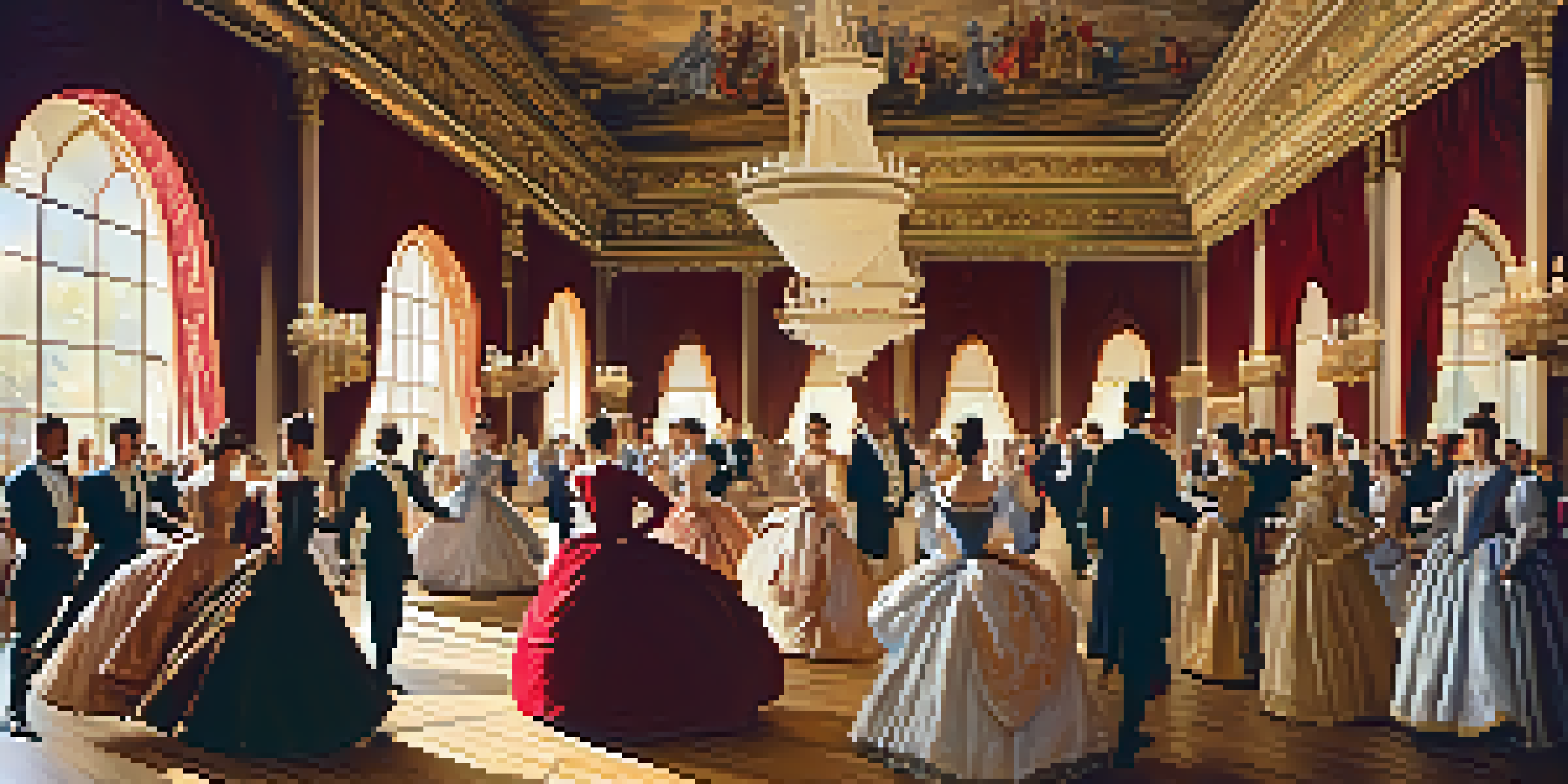 A grand ballroom scene with nobles dancing in elegant Renaissance attire, illuminated by chandeliers and decorated with tapestries.