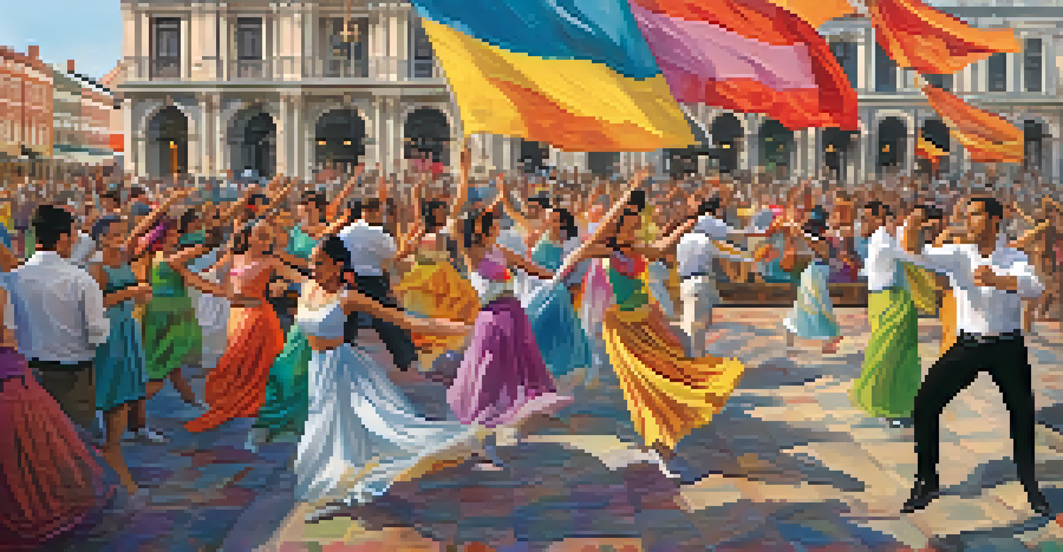 A diverse group of dancers performing in a city square with a lively crowd and colorful decorations around them.