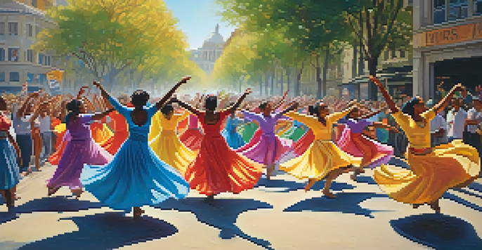 A lively street scene with diverse dancers performing in colorful costumes, surrounded by a supportive crowd and banners promoting unity and justice.
