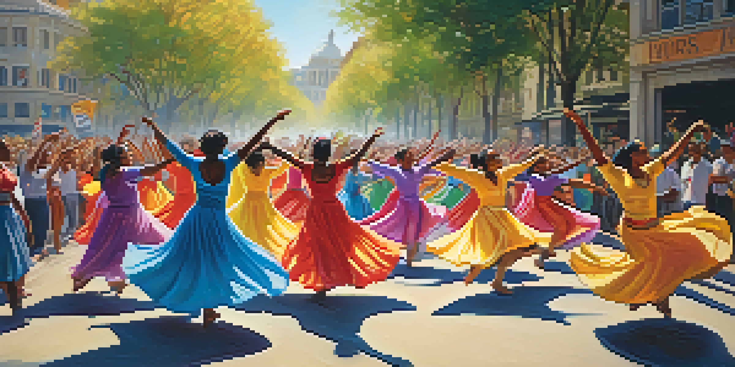 A lively street scene with diverse dancers performing in colorful costumes, surrounded by a supportive crowd and banners promoting unity and justice.