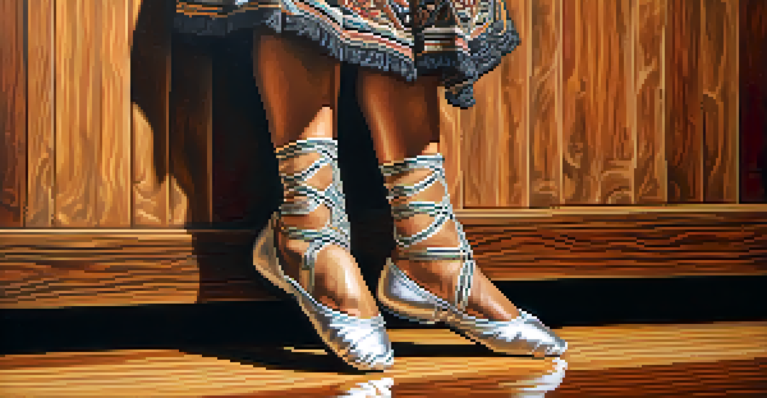 A close-up of a dancer's feet in traditional shoes performing intricate footwork on a polished wooden stage.