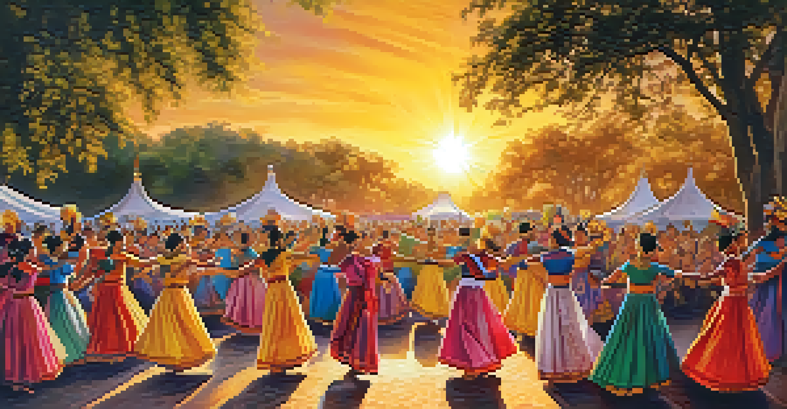 A cultural dance festival with performers in traditional costumes dancing outdoors, surrounded by an engaged audience.
