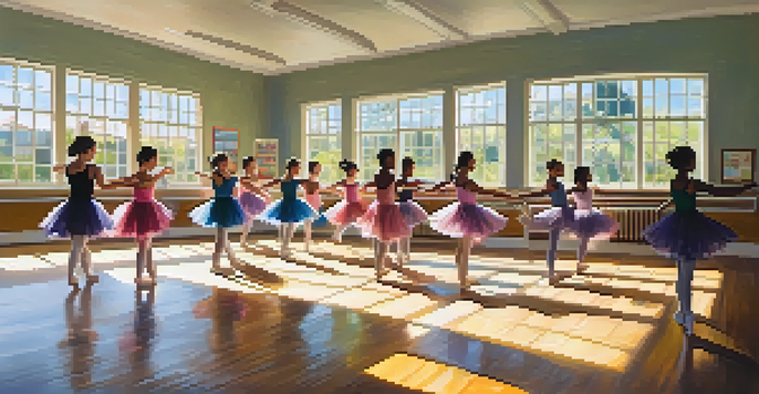 A diverse group of students practicing ballet in a bright classroom with large windows and colorful artwork on the walls.