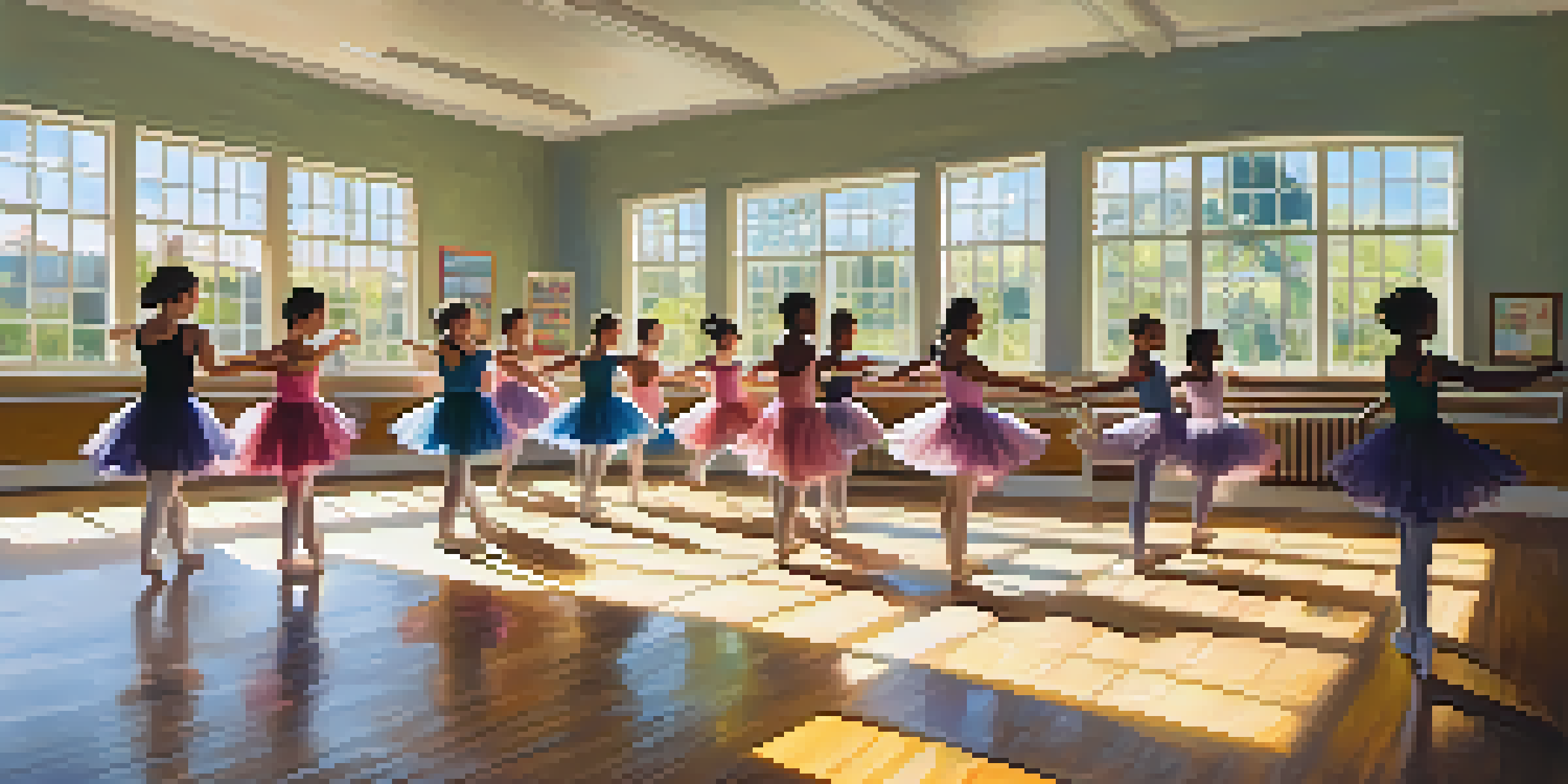 A diverse group of students practicing ballet in a bright classroom with large windows and colorful artwork on the walls.