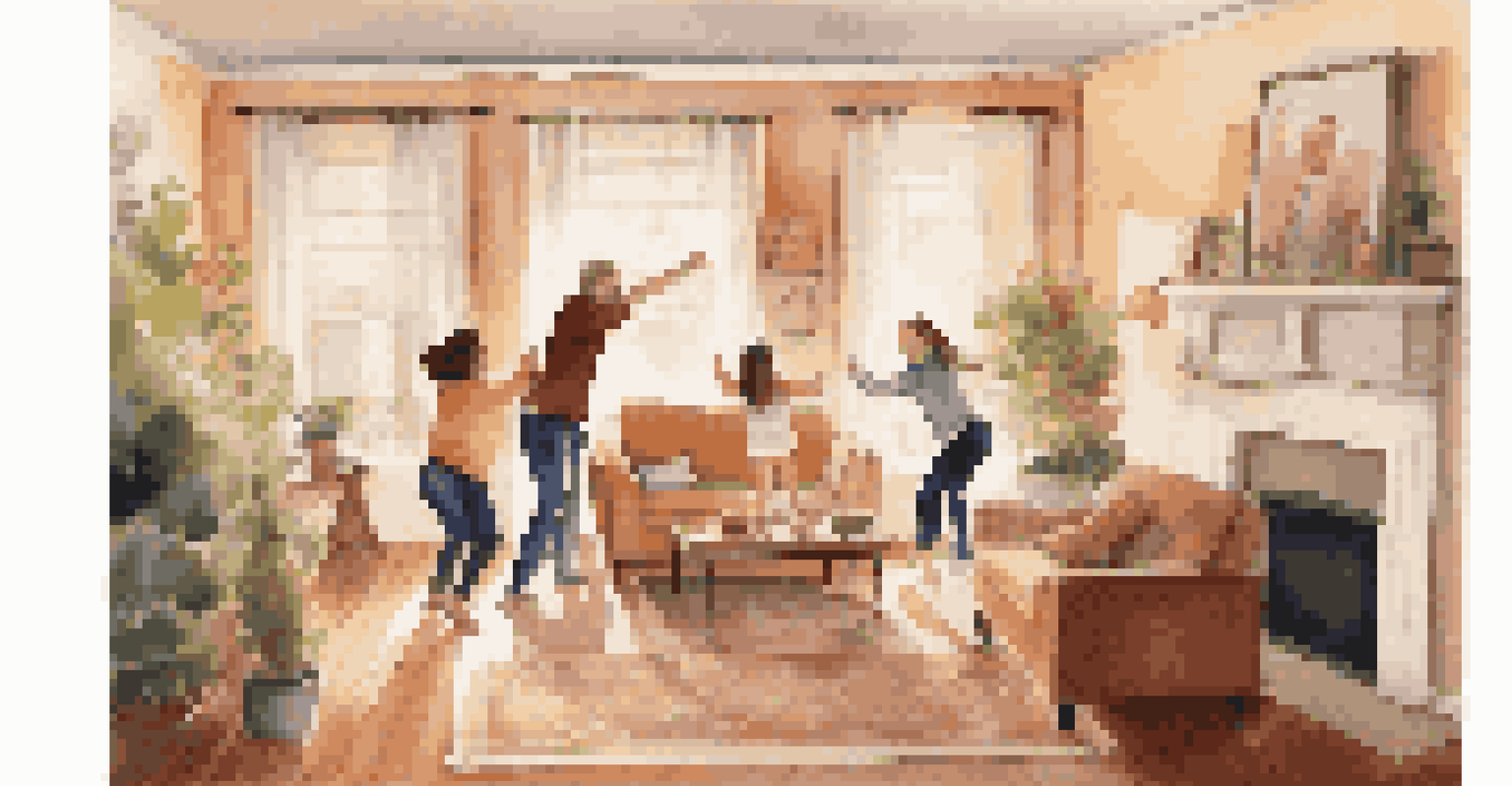 A family dancing together in a cozy living room, with warm lighting and happy expressions, surrounded by cushions and family photos.