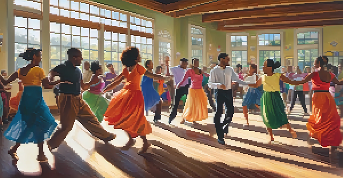 A diverse group of people dancing joyfully in a well-lit community center, showcasing various dance styles and vibrant colors.