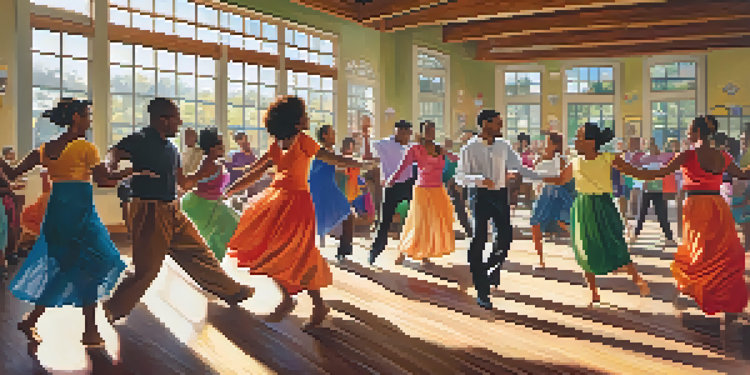 A diverse group of people dancing joyfully in a well-lit community center, showcasing various dance styles and vibrant colors.