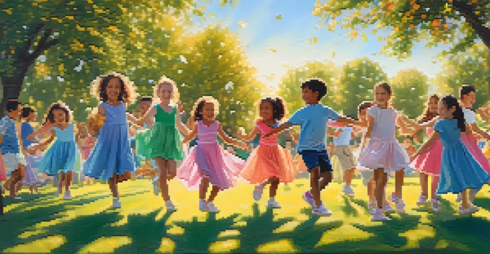 A group of children dancing happily in a sunny park surrounded by blooming flowers, showcasing vibrant clothing and joyful expressions.