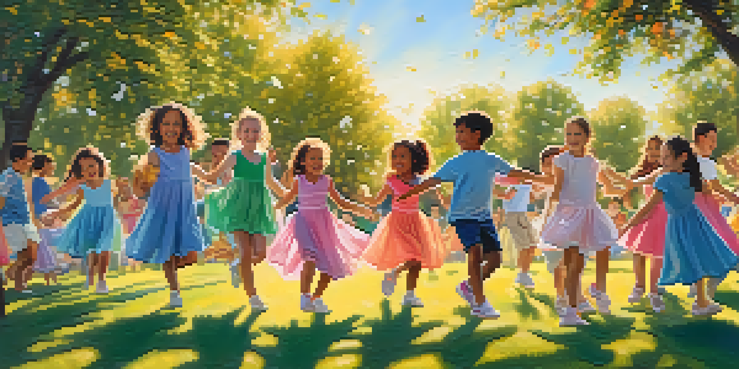 A group of children dancing happily in a sunny park surrounded by blooming flowers, showcasing vibrant clothing and joyful expressions.