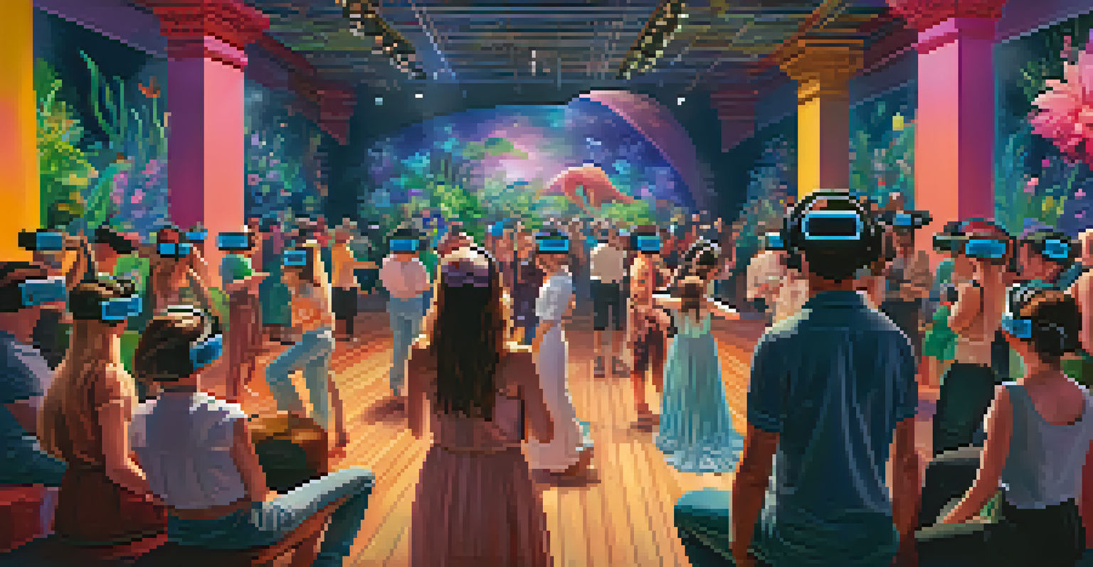 Audience members wearing VR headsets, surrounded by a colorful, fantastical digital environment during a dance performance.