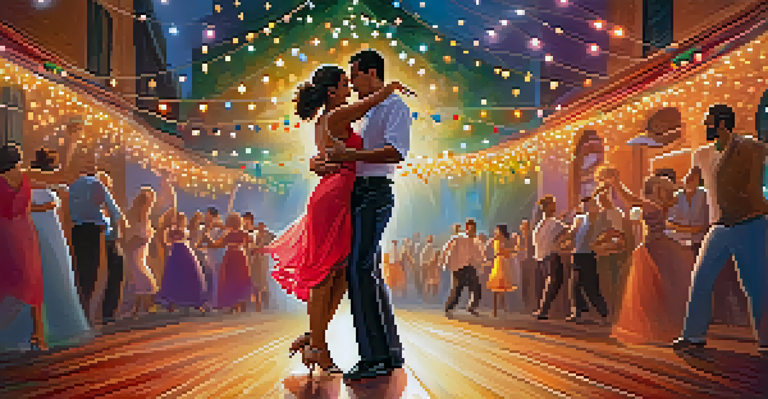 A couple dancing salsa with colorful lights around them, showcasing their passionate movements and joyful expressions.