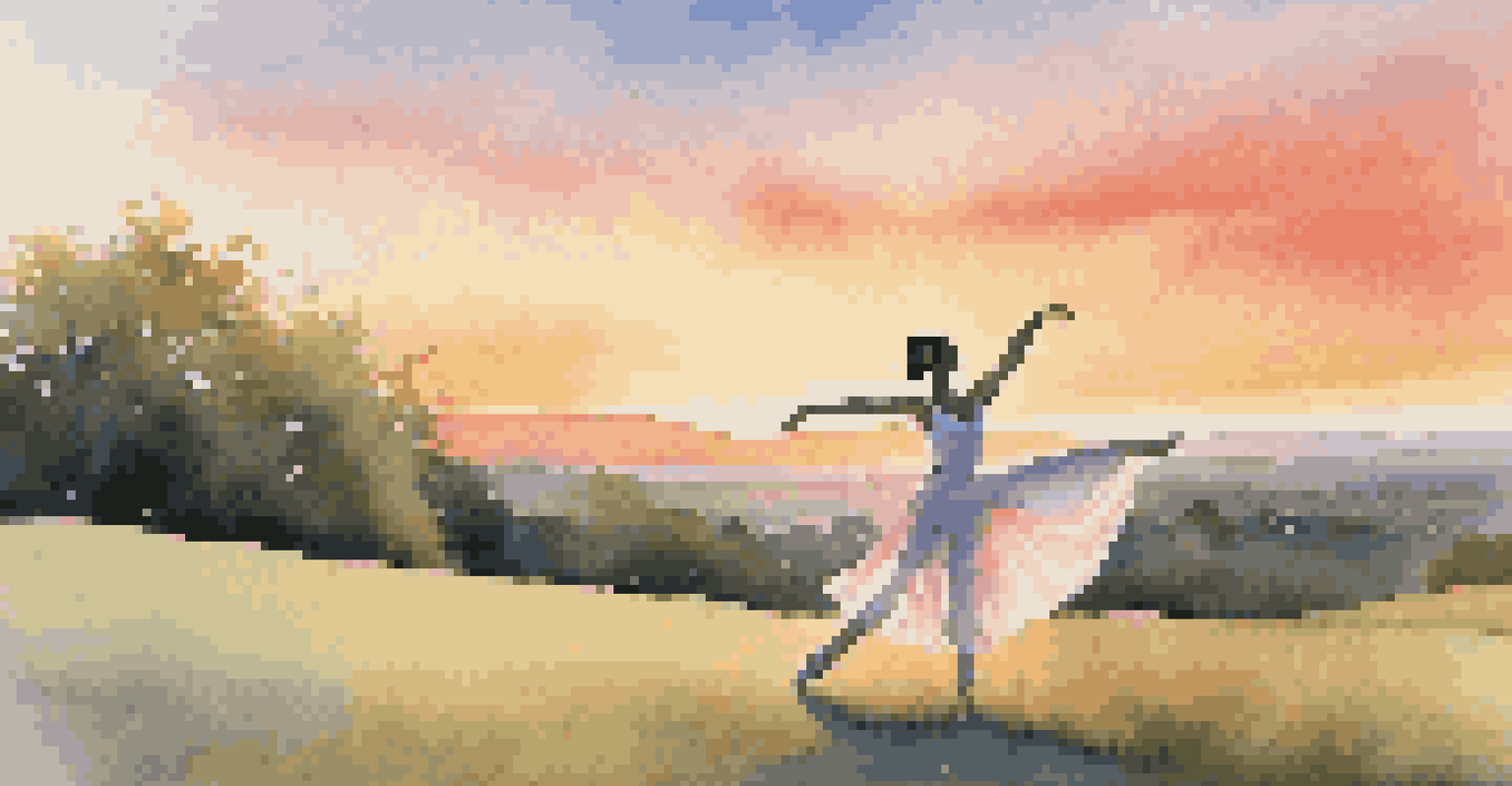 A solo ballet dancer performing at sunset on a grassy hilltop, surrounded by a beautiful landscape.