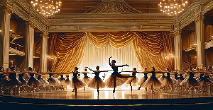 A ballet dancer leaping gracefully on stage, surrounded by musicians in a warm-lit orchestra setting.