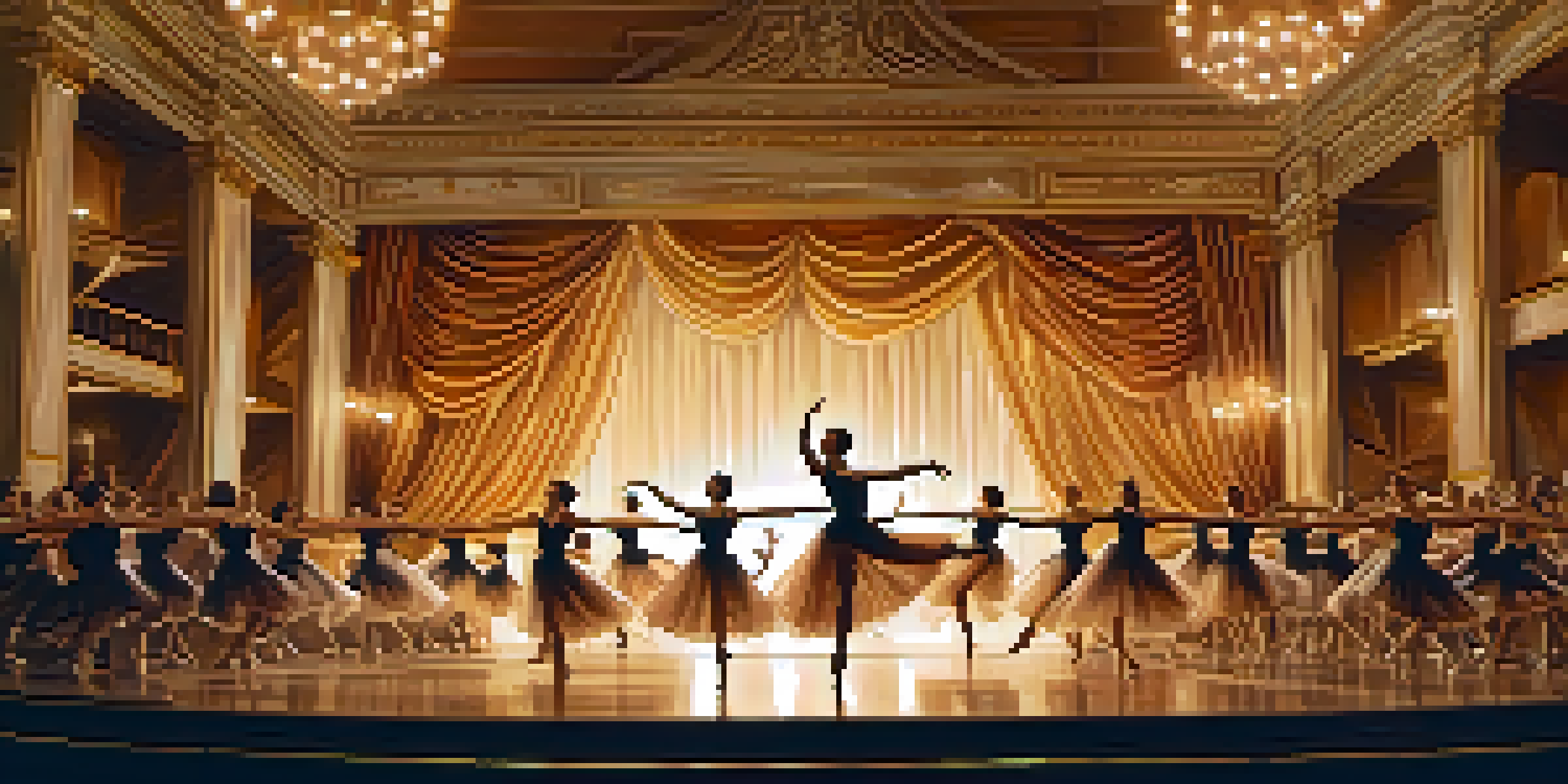 A ballet dancer leaping gracefully on stage, surrounded by musicians in a warm-lit orchestra setting.