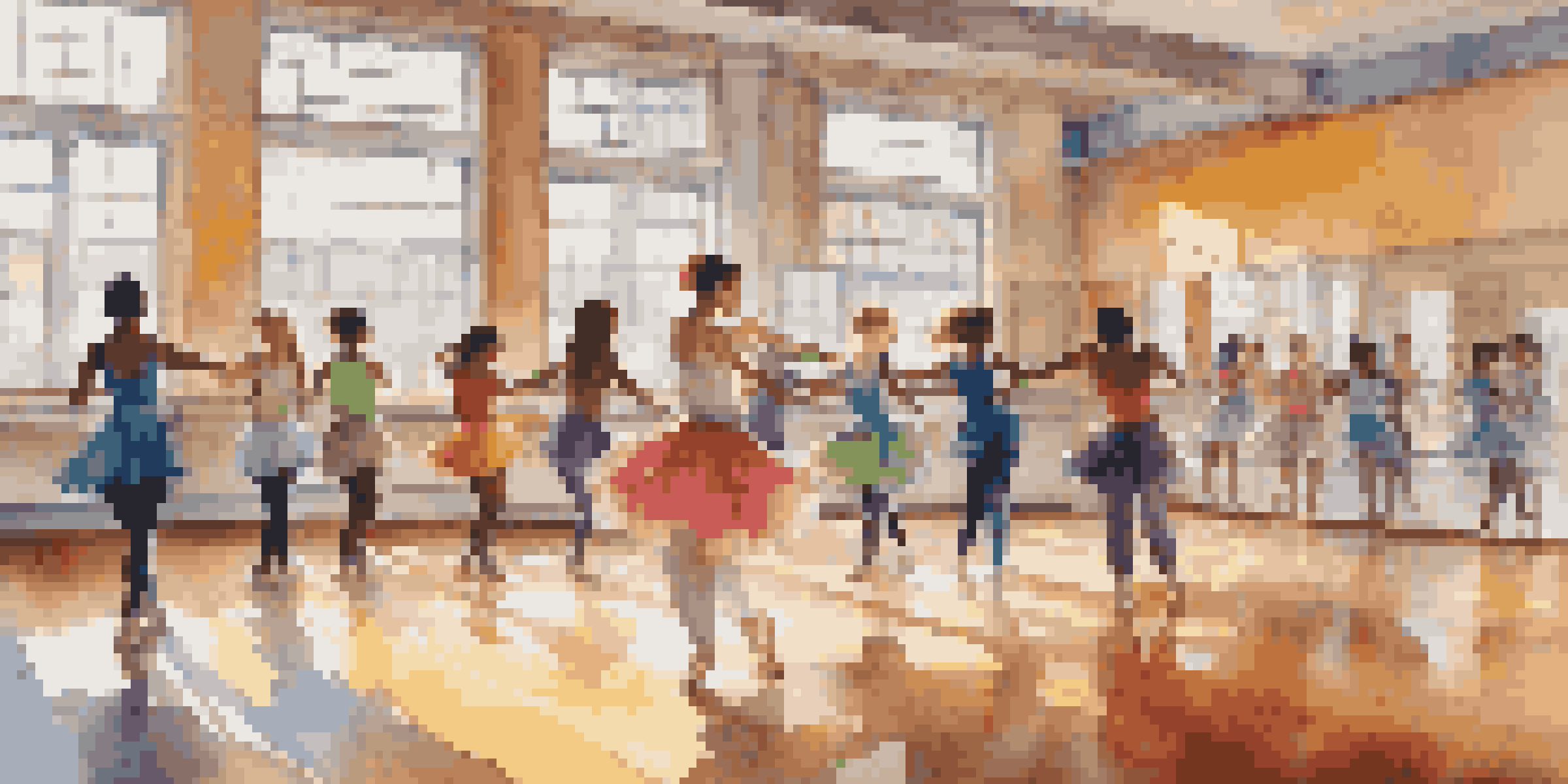 A colorful dance classroom with diverse students practicing together, sunlight streaming through windows and mirrors reflecting their movements.