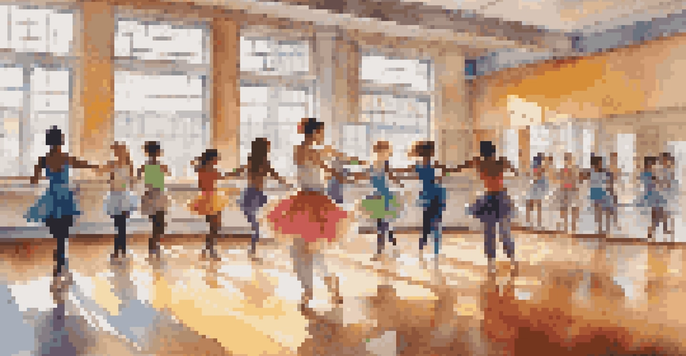 A colorful dance classroom with diverse students practicing together, sunlight streaming through windows and mirrors reflecting their movements.