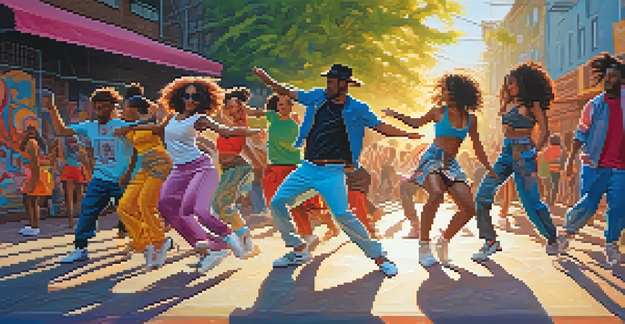 A group of diverse dancers performing street dance in front of a graffiti wall, with warm sunlight filtering through trees.