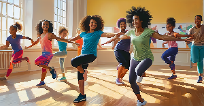 A lively dance class with diverse participants dancing together in a brightly lit studio, filled with laughter and energy.