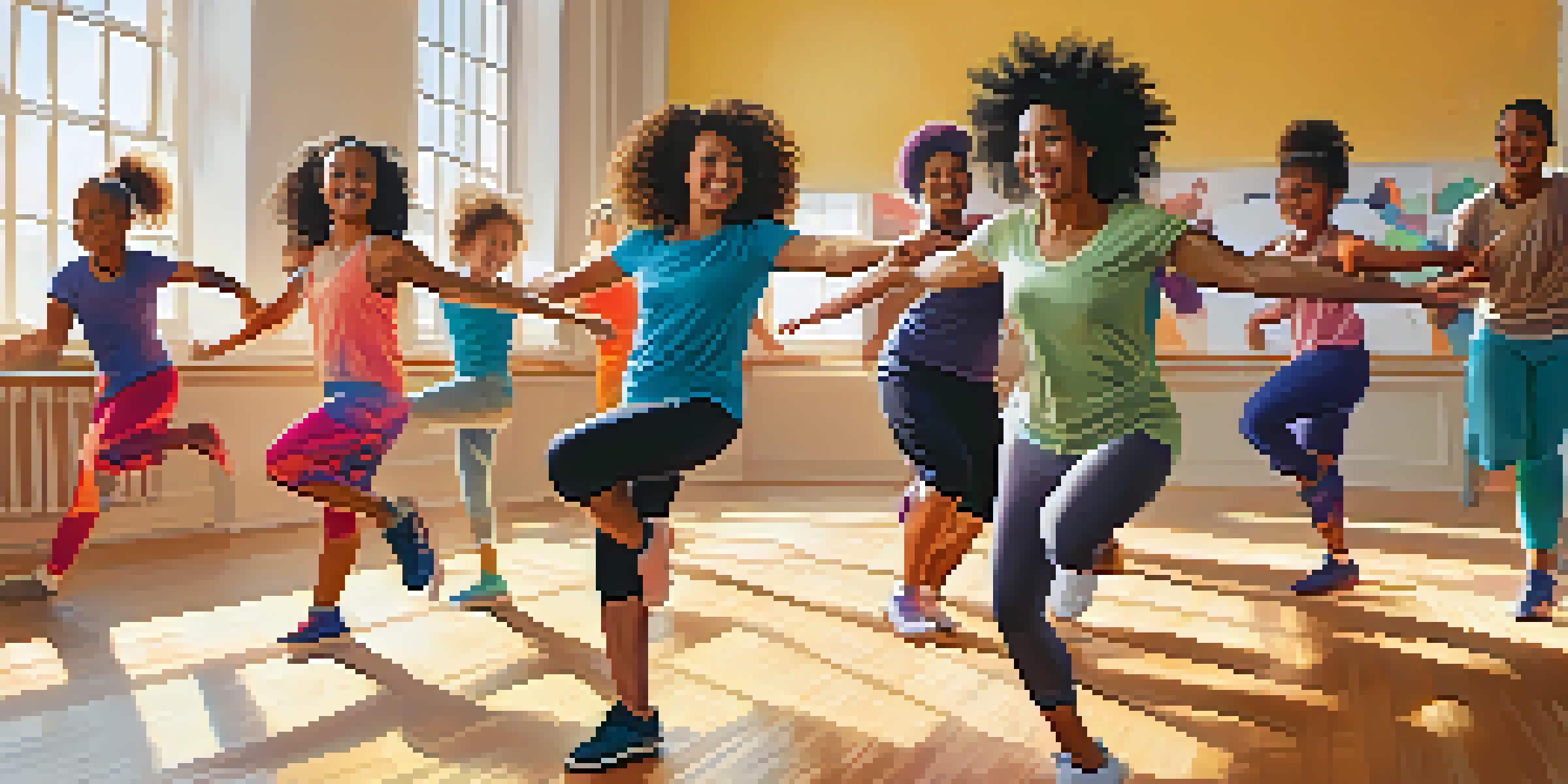 A lively dance class with diverse participants dancing together in a brightly lit studio, filled with laughter and energy.