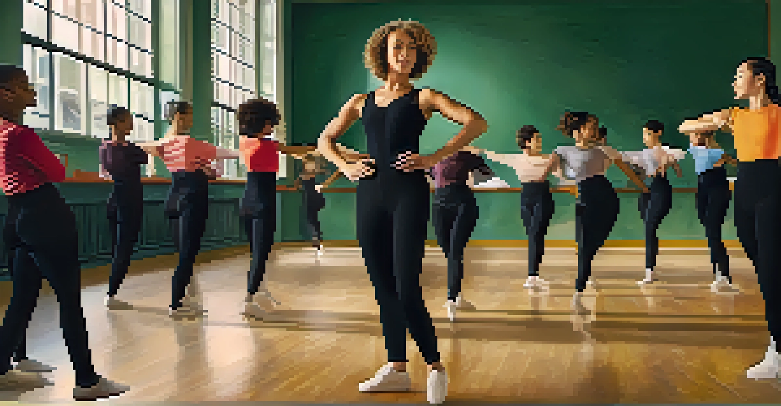 A dance educator demonstrating a choreography move in front of attentive students in a colorful classroom.