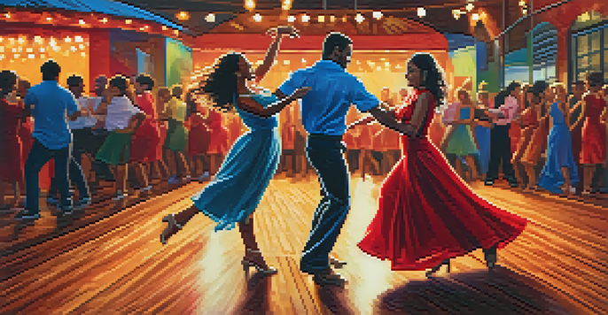 A couple dancing salsa on a wooden dance floor in a colorful and vibrant environment, with a cheering audience in the background.