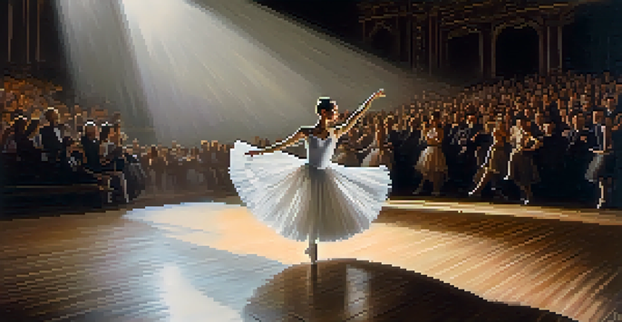 A ballet dancer in a white tutu performing on stage with soft lighting, conveying deep emotion.