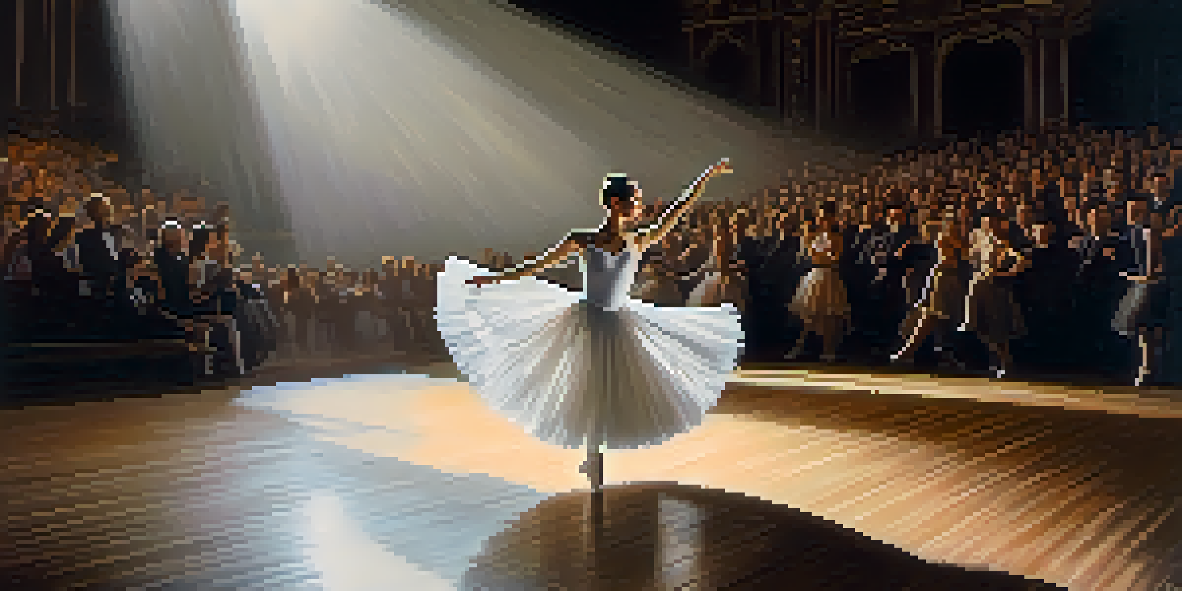 A ballet dancer in a white tutu performing on stage with soft lighting, conveying deep emotion.