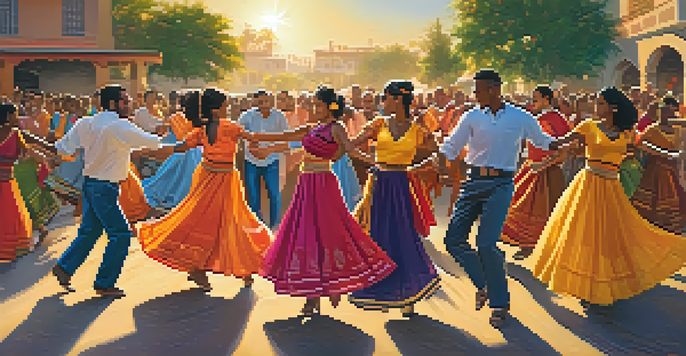 A lively outdoor festival with people of different backgrounds dancing joyfully in colorful attire, with a sunset in the background.