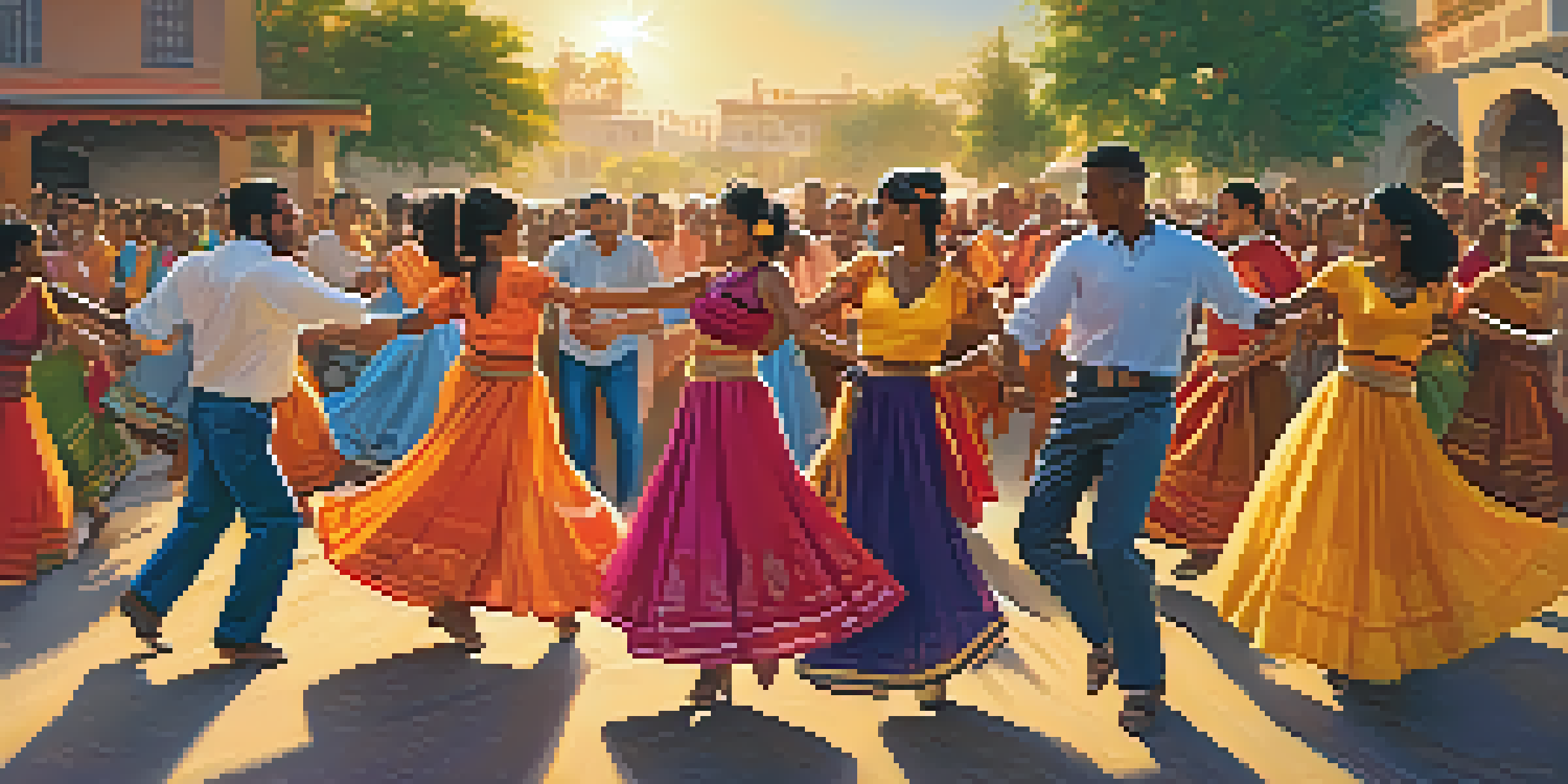A lively outdoor festival with people of different backgrounds dancing joyfully in colorful attire, with a sunset in the background.