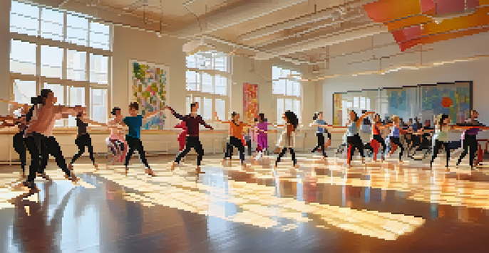 A lively dance class with dancers of different abilities in a bright studio, demonstrating adaptive dance techniques with wheelchairs and crutches.