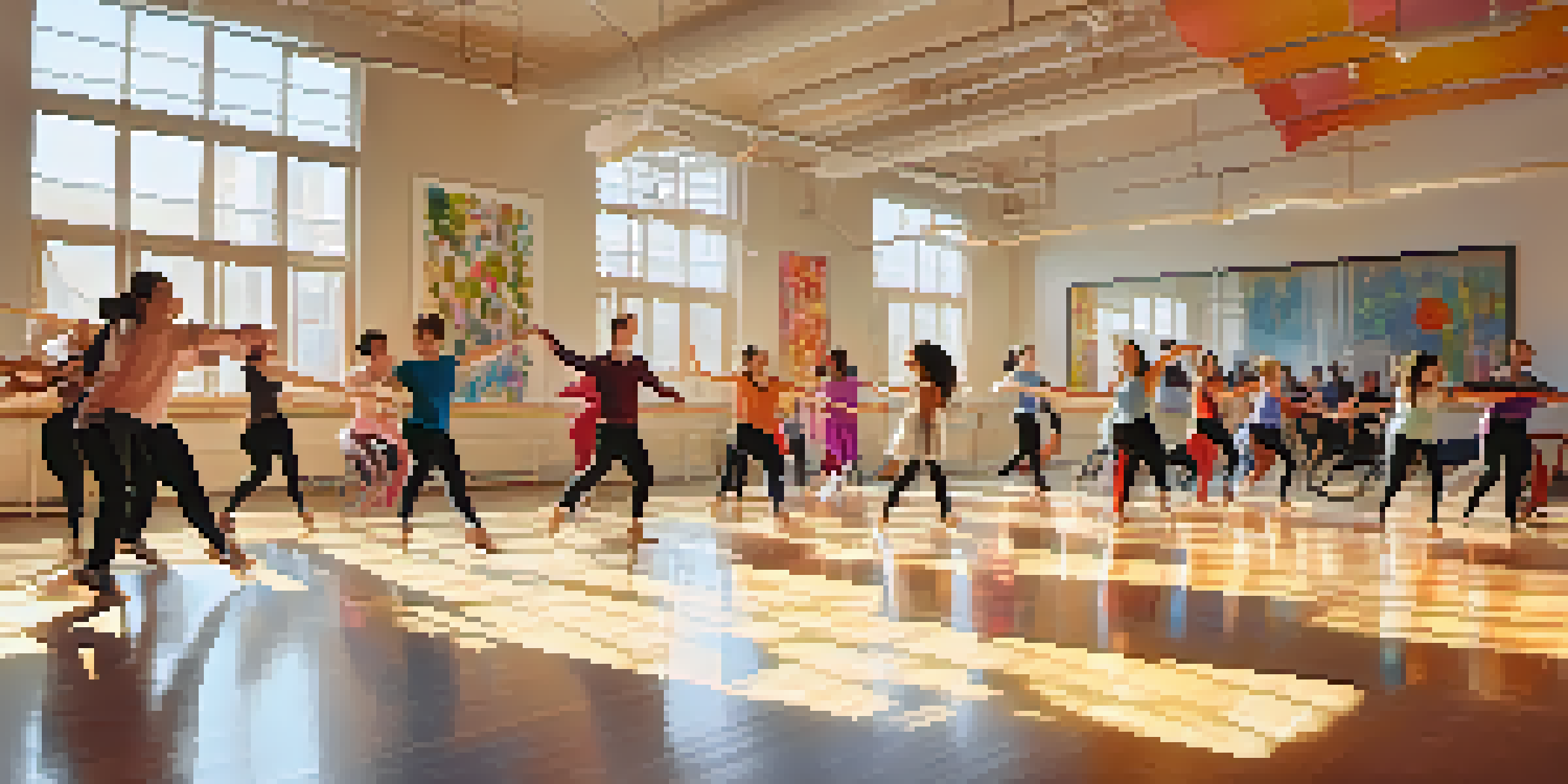 A lively dance class with dancers of different abilities in a bright studio, demonstrating adaptive dance techniques with wheelchairs and crutches.