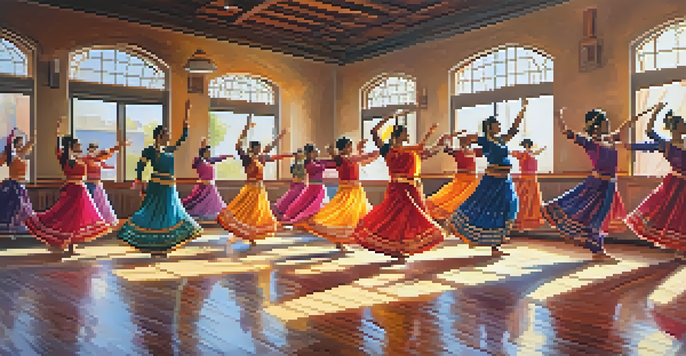 A dance studio with dancers in traditional Indian costumes performing gracefully, surrounded by warm sunlight streaming through large windows.