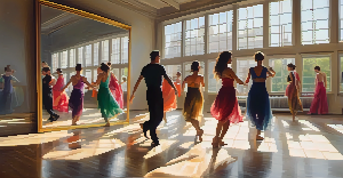 A diverse group of dancers improvising in a sunlit dance studio, showcasing various styles and movements, with large windows and a wooden floor reflecting soft sunlight.