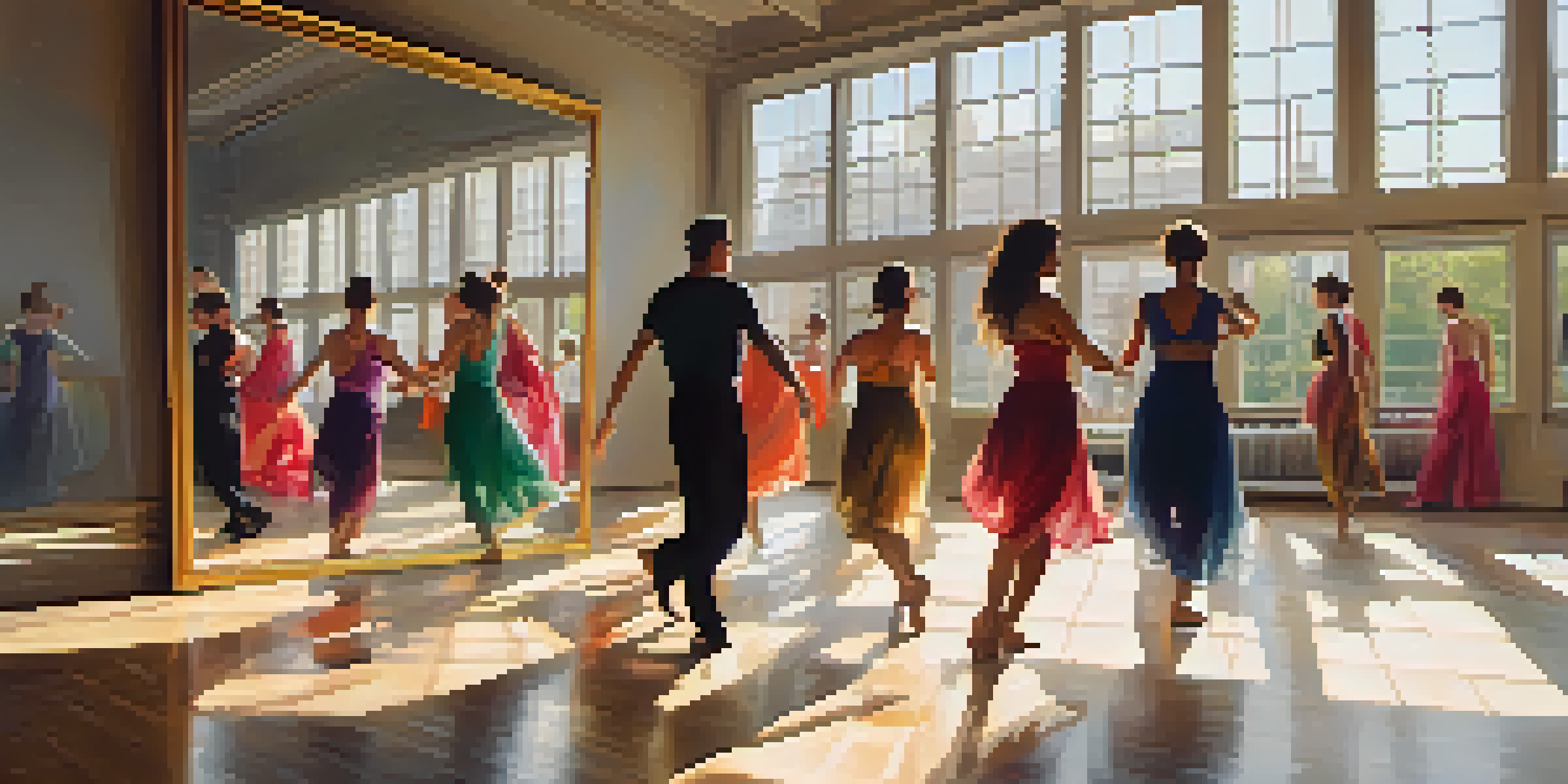 A diverse group of dancers improvising in a sunlit dance studio, showcasing various styles and movements, with large windows and a wooden floor reflecting soft sunlight.