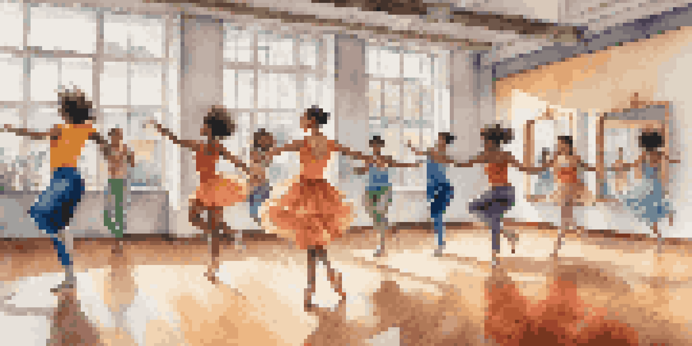 A lively dance studio with dancers of various backgrounds leaping gracefully, surrounded by mirrors and plants.