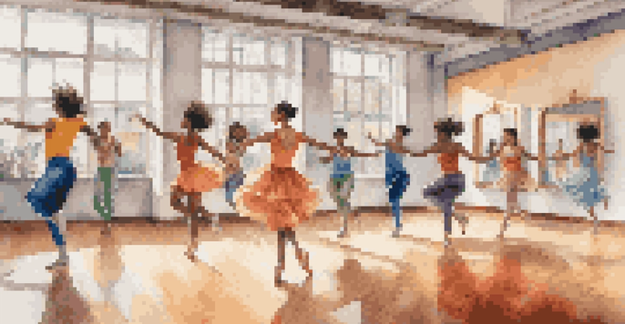 A lively dance studio with dancers of various backgrounds leaping gracefully, surrounded by mirrors and plants.