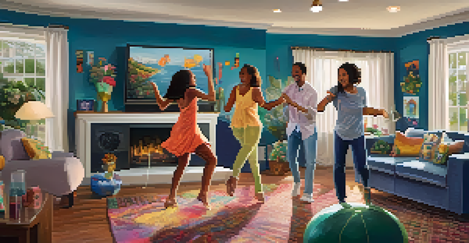 A family having fun during a dance-off at home, with a playlist on display, surrounded by festive decorations and joyful expressions.