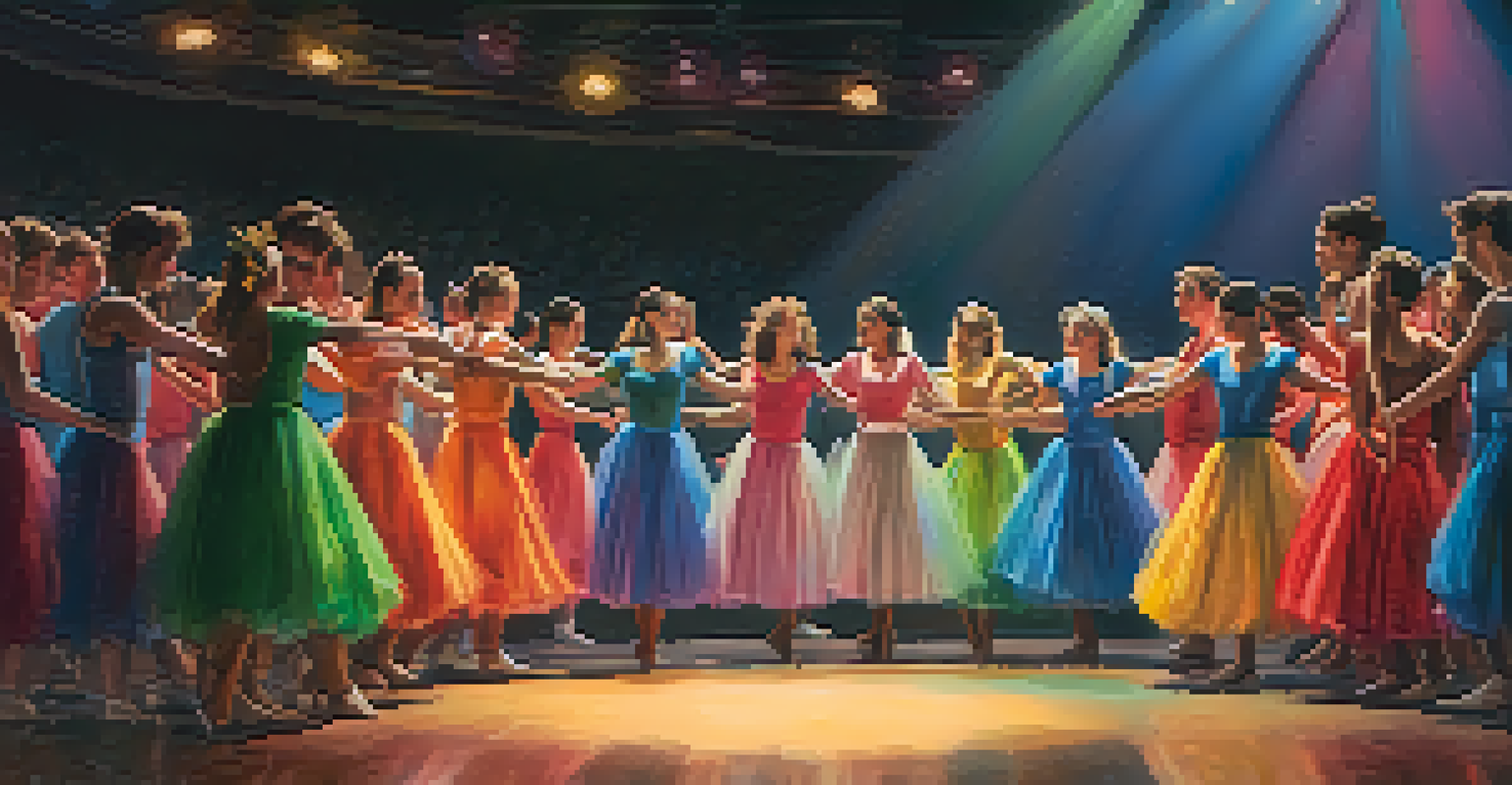 A group of dancers in colorful costumes huddle together on stage, displaying camaraderie and encouragement before their performance.