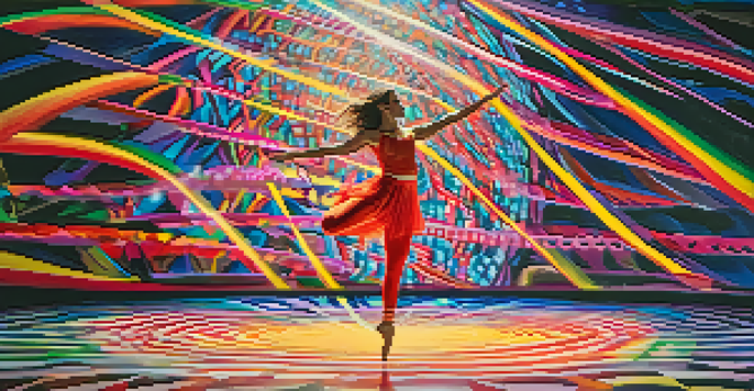 A dancer in mid-leap is surrounded by colorful, changing projections on stage, creating a vivid and immersive performance atmosphere.