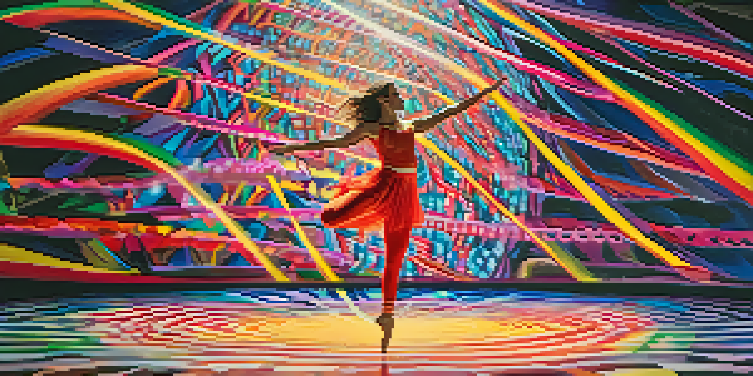 A dancer in mid-leap is surrounded by colorful, changing projections on stage, creating a vivid and immersive performance atmosphere.