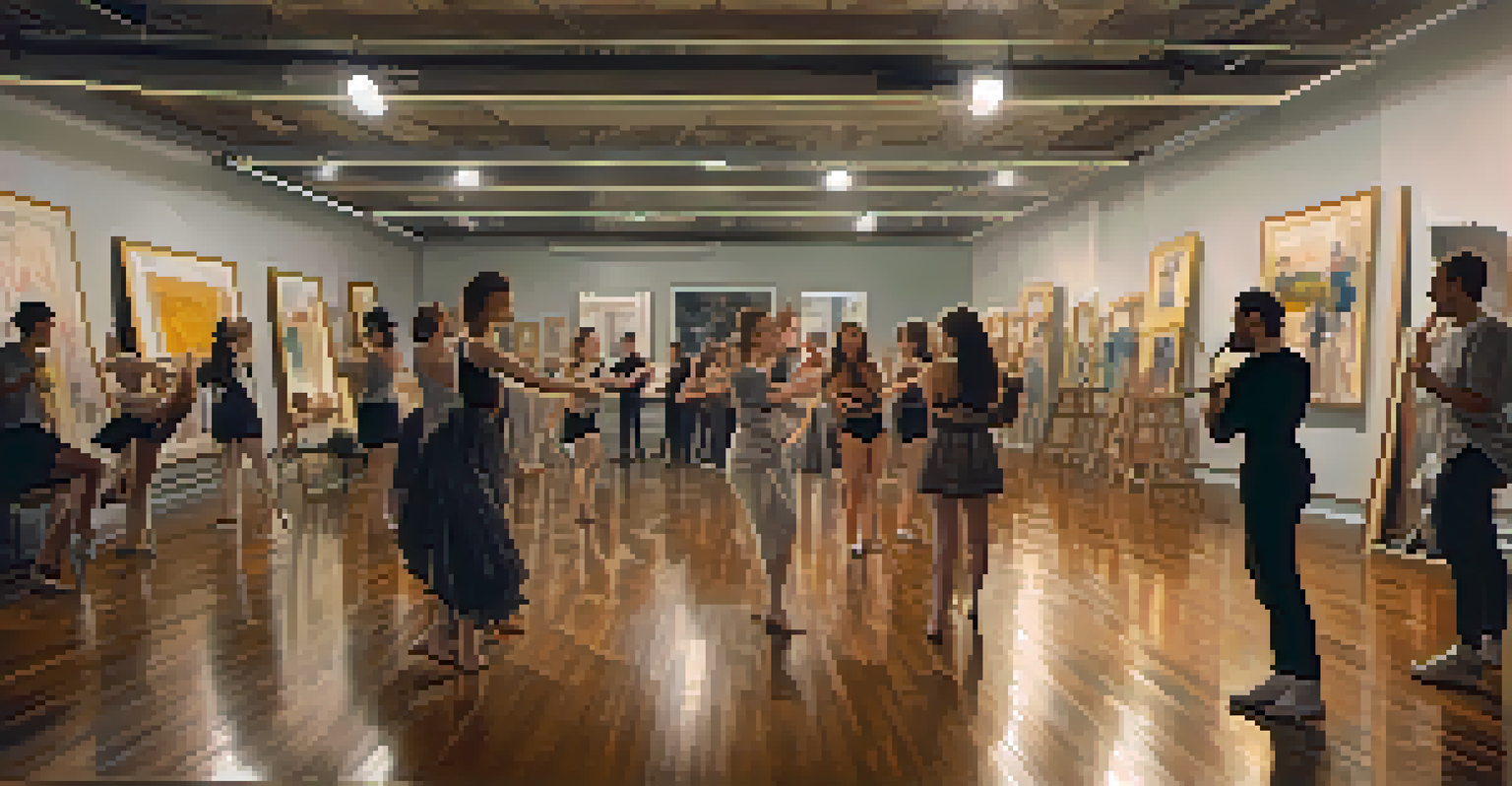 A rehearsal space with artists collaborating, surrounded by mirrors and sketches, creating a vibrant atmosphere.