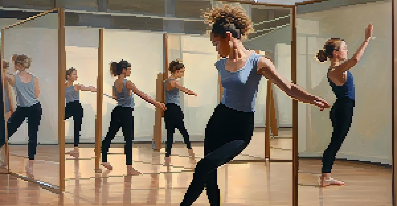 A close-up of a student in a dance studio, showcasing focused facial expressions and body language in a reflective environment.