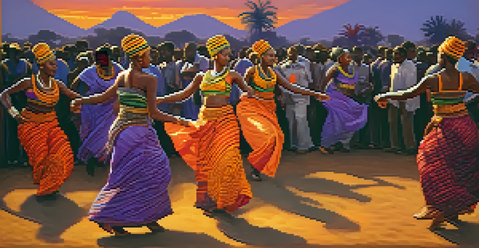 A lively outdoor African dance ceremony with dancers in traditional attire performing under a colorful sunset, surrounded by an engaged crowd.